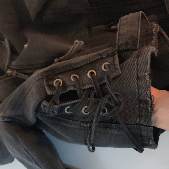 12th tribe faded black Moto jean jacket size small distressed - Picture 8 of 8